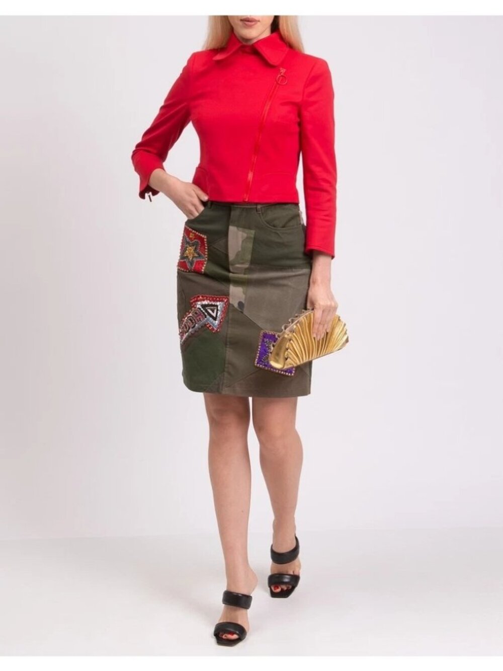 NWT $3769 Dolce & Gabbana Patchwork Rhinestones Pencil Skirt Green Camo Size 0